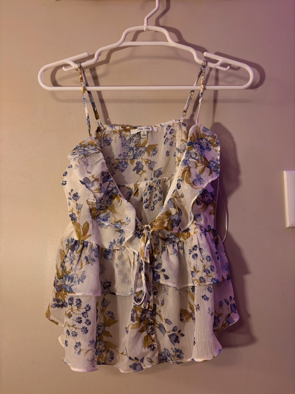 Love Tree White Floral Ruffle Tiered Cami with Blue & Mustard Print